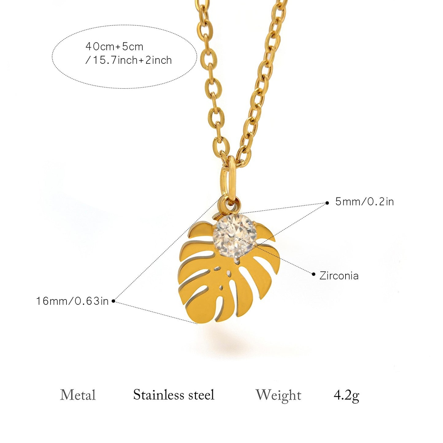 Dainty 18K Gold Plated Monstera Leaf Necklace Zirconia Stainless Steel New