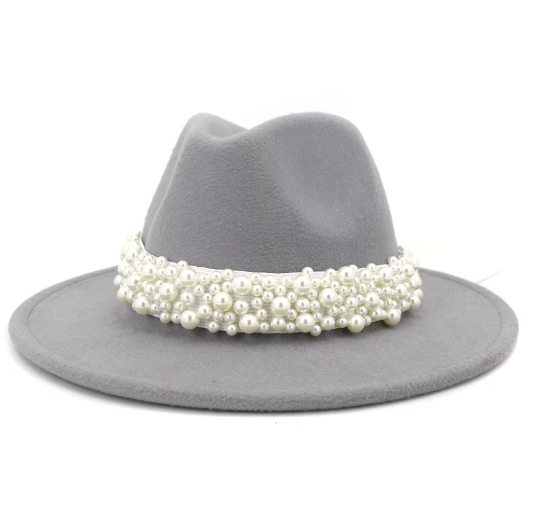 White Felt Jazz Fedora Hat with Pearl Band Wide Brim Elegant Dressy Accessory