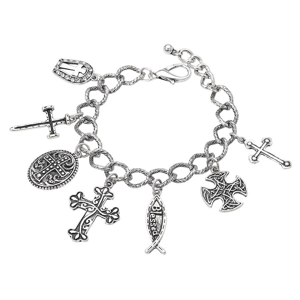 Antique Style Metal Cross Charm Bracelet for Women with Rhinestone Paved Accents
