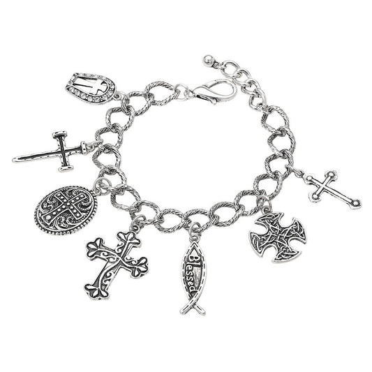 Antique Style Metal Cross Charm Bracelet for Women with Rhinestone Paved Accents