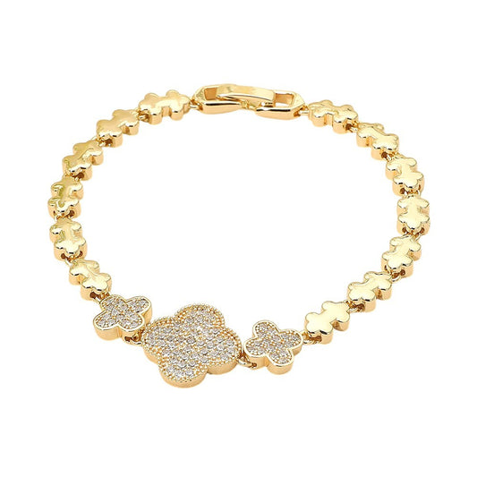 2PCS Gold Clover Bracelet Cubic Zirconia Tennis Chain Dainty Wedding Jewelry