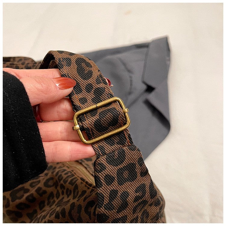 Trendy Leopard Print Canvas Shoulder Bag Adjustable Strap Tote Purse Handbag