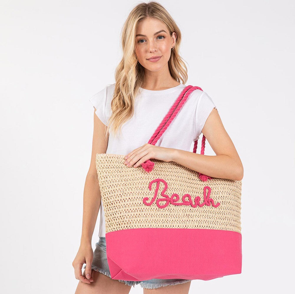 BEACH Embroidered Crochet Tote Bag with Rope Handles Summer Beach Bag Pink