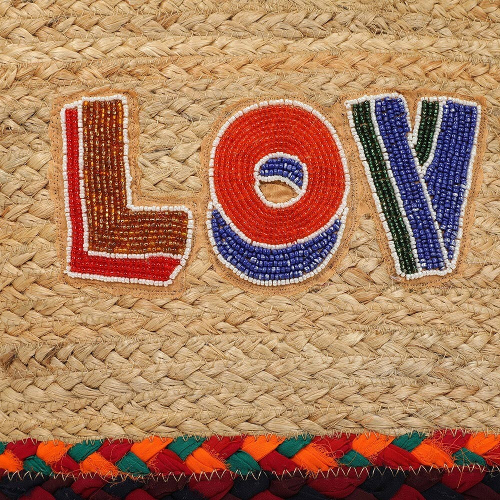 Handmade Seed Bead LOVE Jute Tote Bag with Wooden Handles | Boho Straw Purse