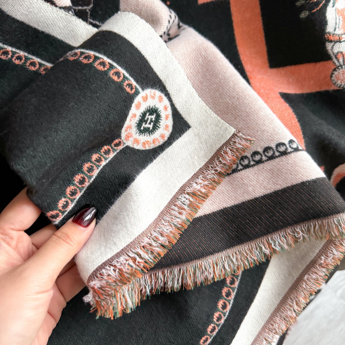 Luxury Oversized Shawl Blanket Scarf Black Pink Coral Horse Chain Print Fringed
