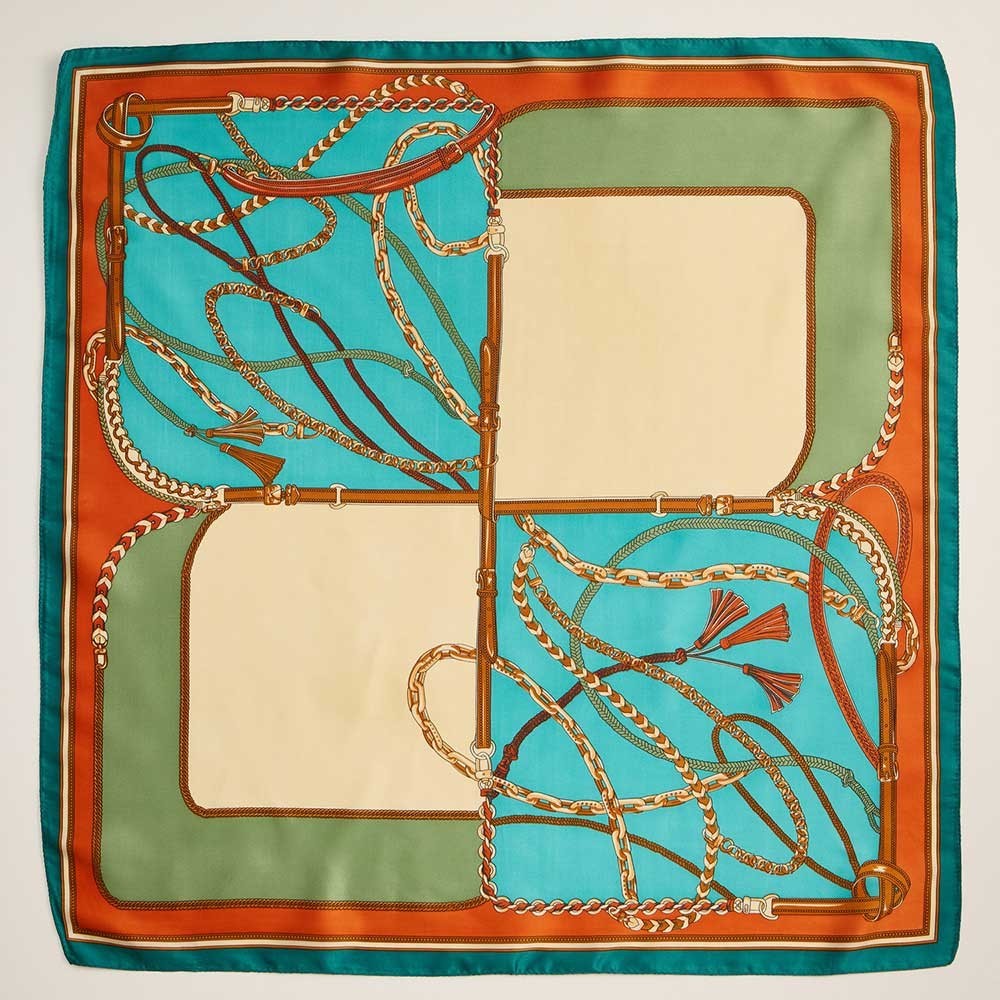 2PC Set Scarf Baroque Chain Print Silky Feel Square Teal Orange  Head Neck Tie