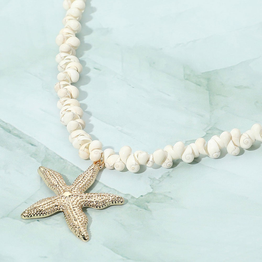 Gold Starfish Pendant Shell Bead Necklace|Beach Inspired Summer Jewelry
