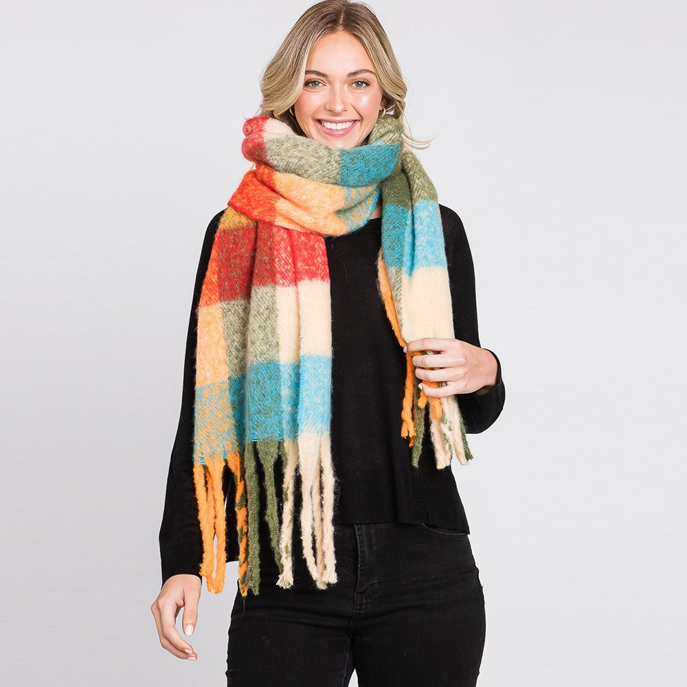 Multi Colored Plaid Check Pattern Fringe Oblong Scarf for Women Winter Wrap