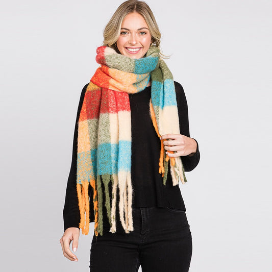 Multi Colored Plaid Check Pattern Fringe Oblong Scarf for Women Winter Wrap