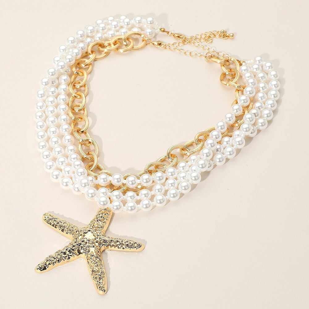 Layered Starfish Pendant and Pearl Beaded Necklace for Women