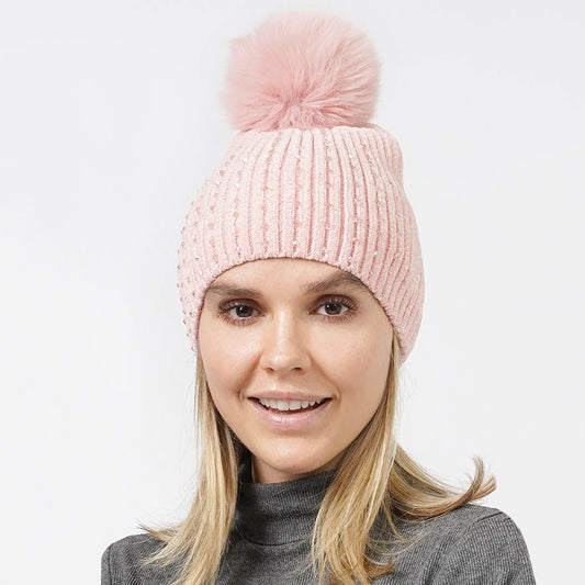 2pk Women’s Ribbed Knit Beanie Rhinestone Accents Faux Fur Pom Winter Hats