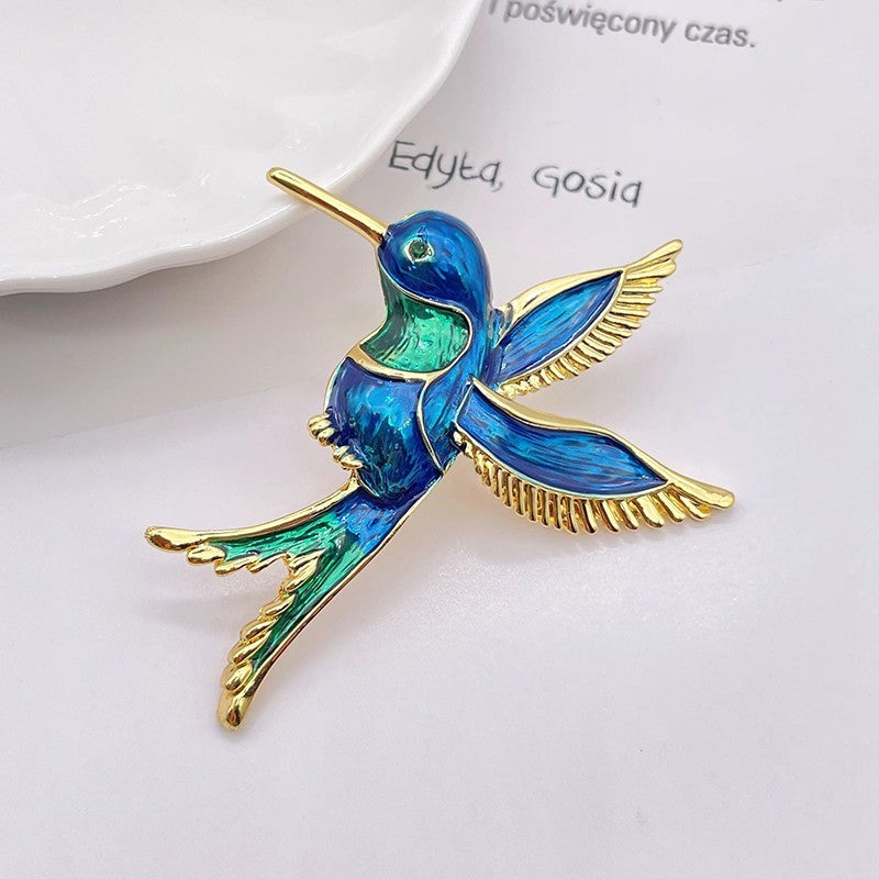 Elegant Enamel Hummingbird Brooch Gold Tone Blue Green Animal Bird Pin Gift