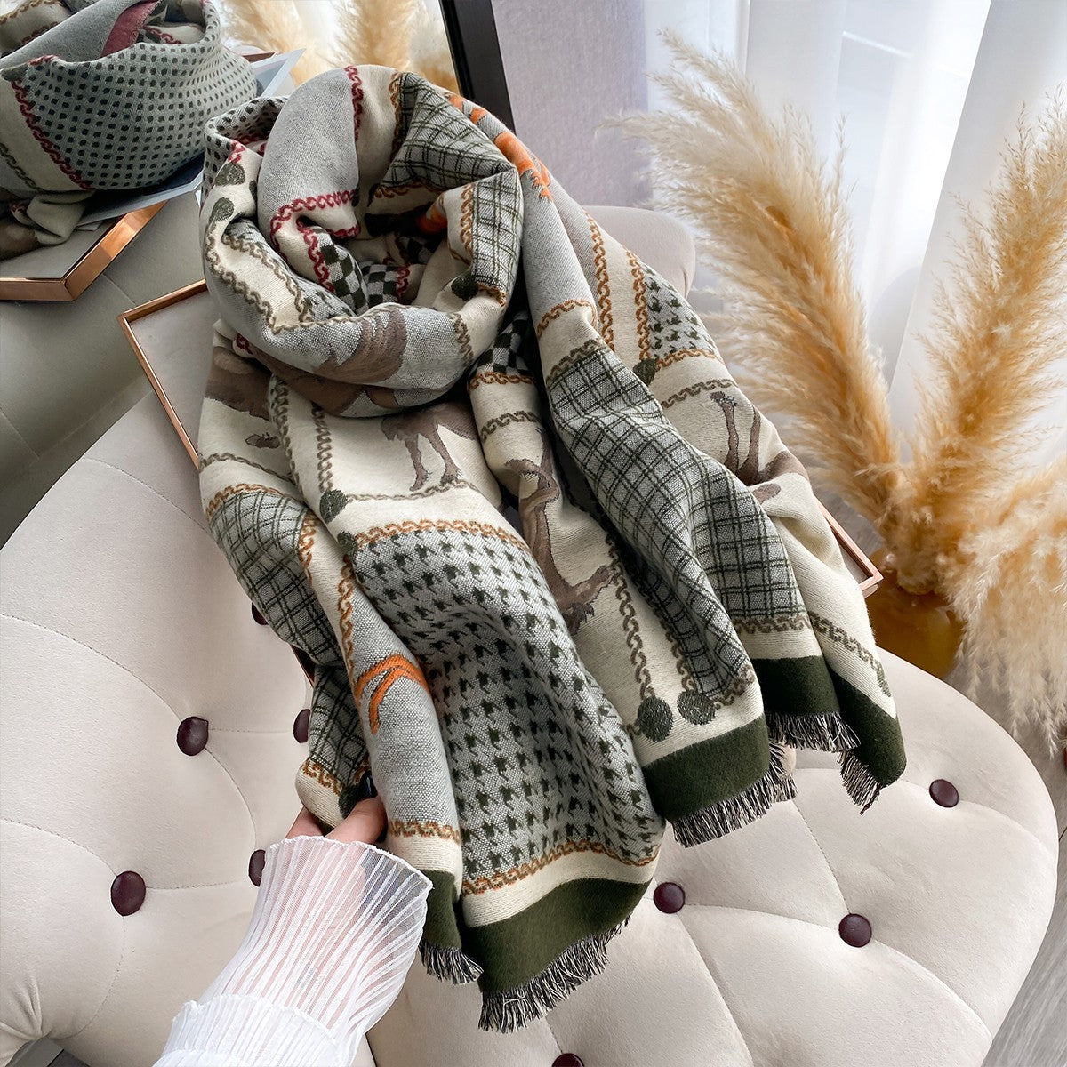 Oversized Equestrian Horse Patchwork Plaid Scarf Shawl Wrap Fringed Fall Winter