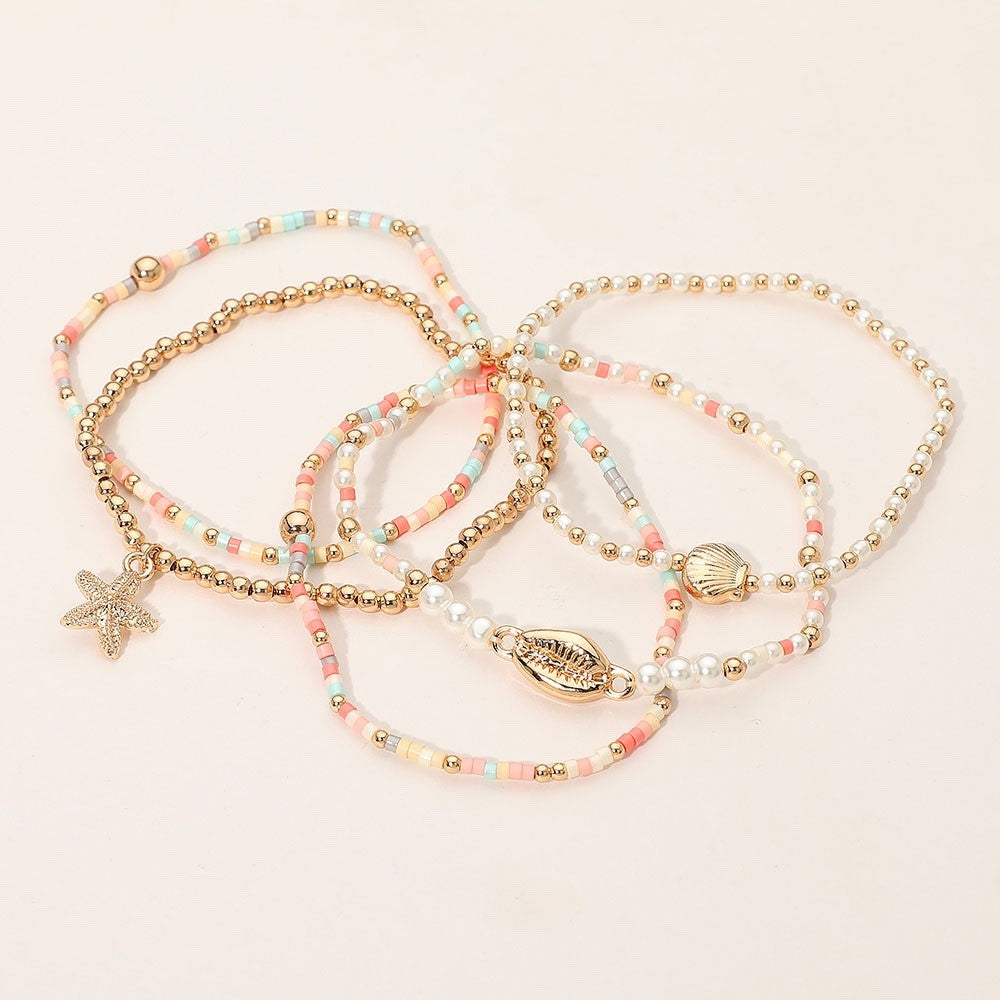 5pc Gold Starfish & Cowrie Shell Beaded Bracelet Set - Boho Coastal Beach Set