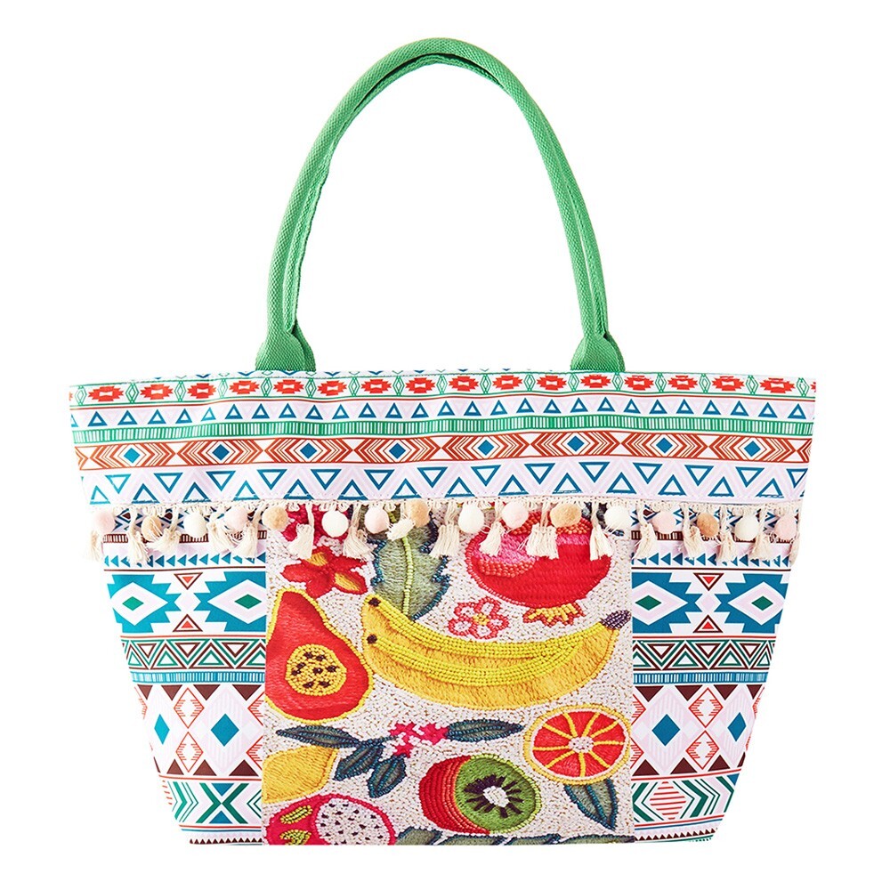 Fruit Boho Print Pom Pom Fringe Tote Bag Summer Beach Shoulder Bag Purse