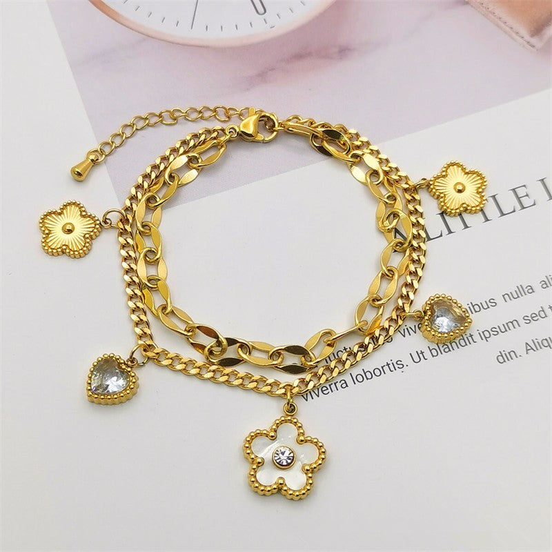 Yellow Gold Plated Double Layered Chain Charm Bracelet with Flowers & Hearts