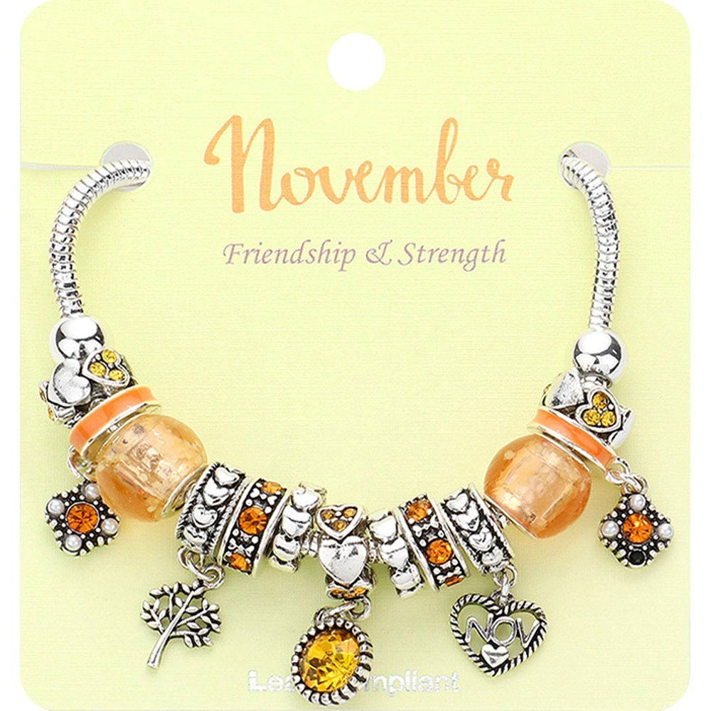 November Birthstone Heart Charm Bracelet Yellow Beaded Stretch Jewelry Gift