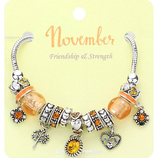 November Birthstone Heart Charm Bracelet Yellow Beaded Stretch Jewelry Gift