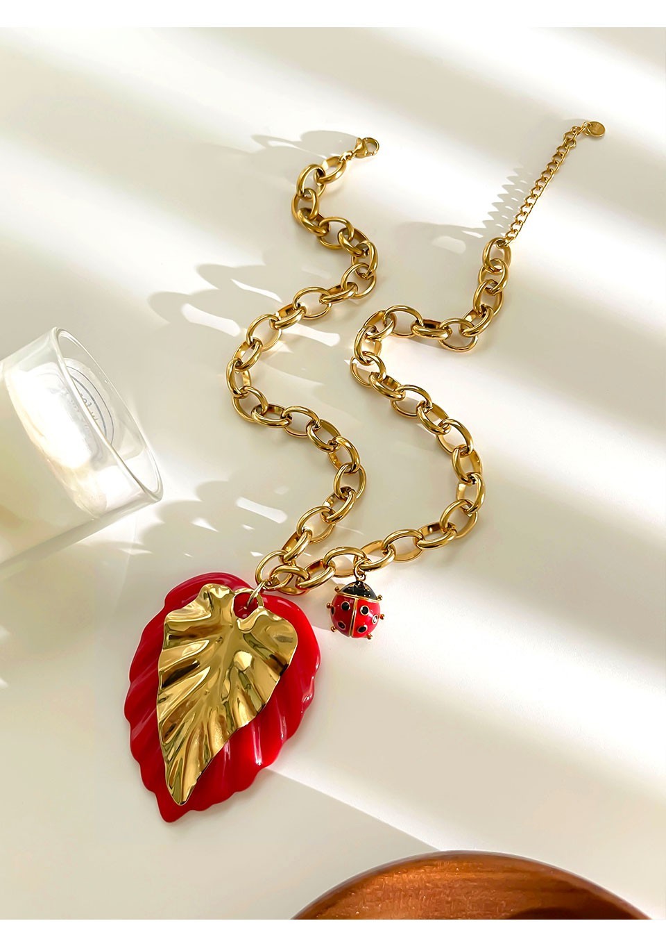 Oversized Red Leaf & Ladybug Charm Gold Chain Necklace for Women