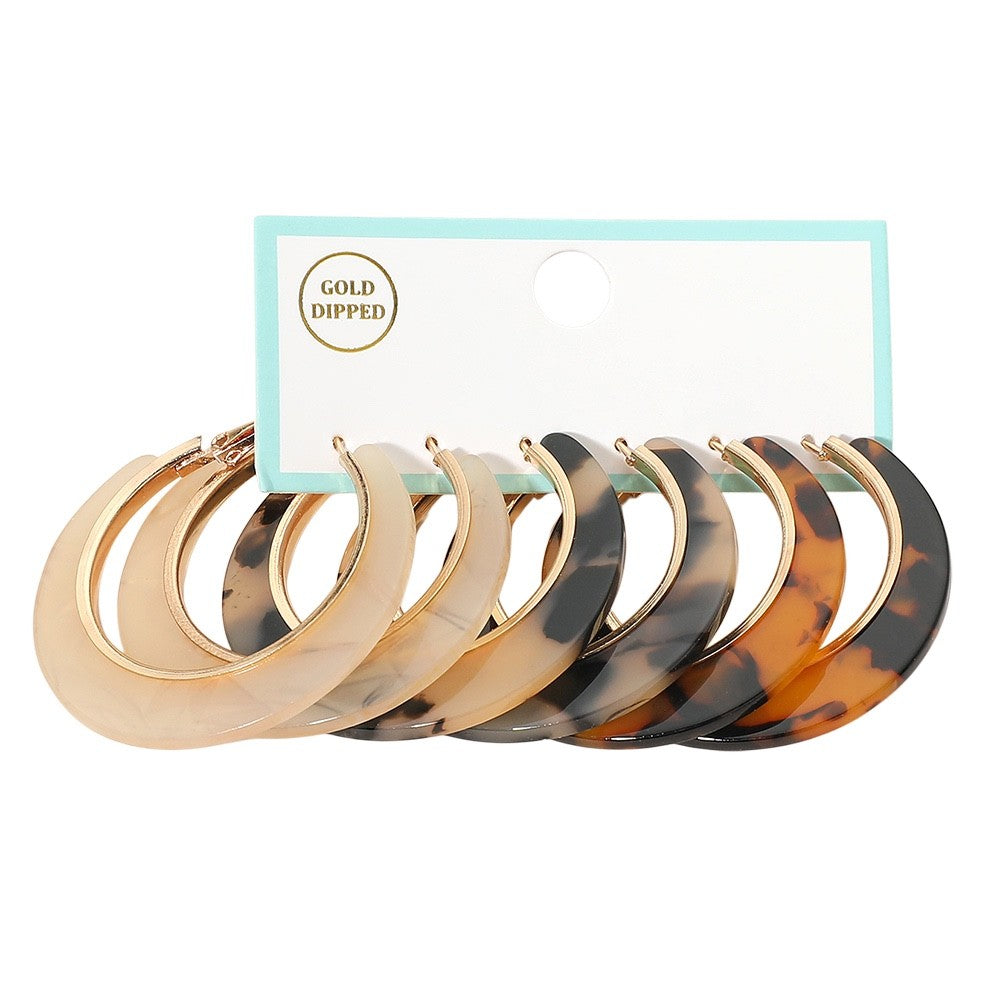 3pcs Gold Dipped Tortoise Shell Resin Crescent Hoop Earring Set for Women