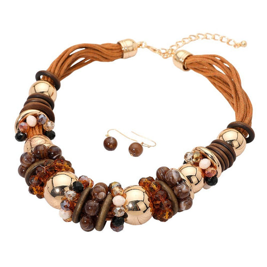 Boho Statement Necklace and Earrings Set Gold Brown Beaded Cord Jewelry