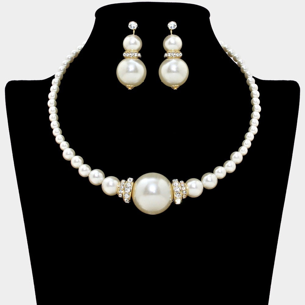 Faux Pearl Necklace and Earring Set Gold-Tone Rhinestone Bridal Jewelry