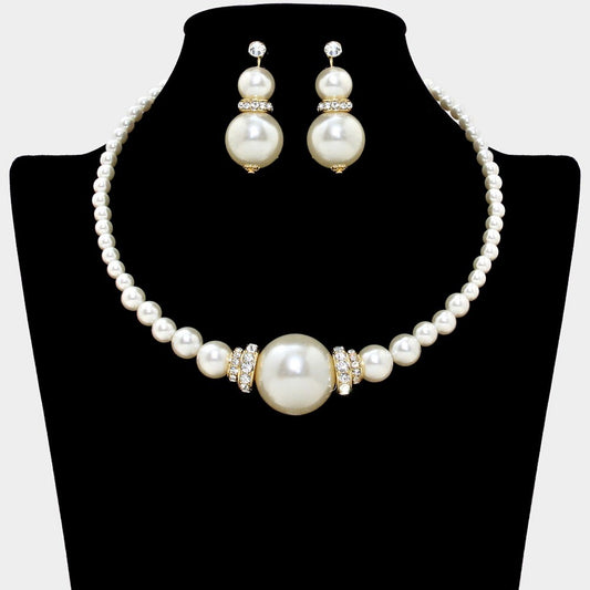 Faux Pearl Necklace and Earring Set Gold-Tone Rhinestone Bridal Jewelry