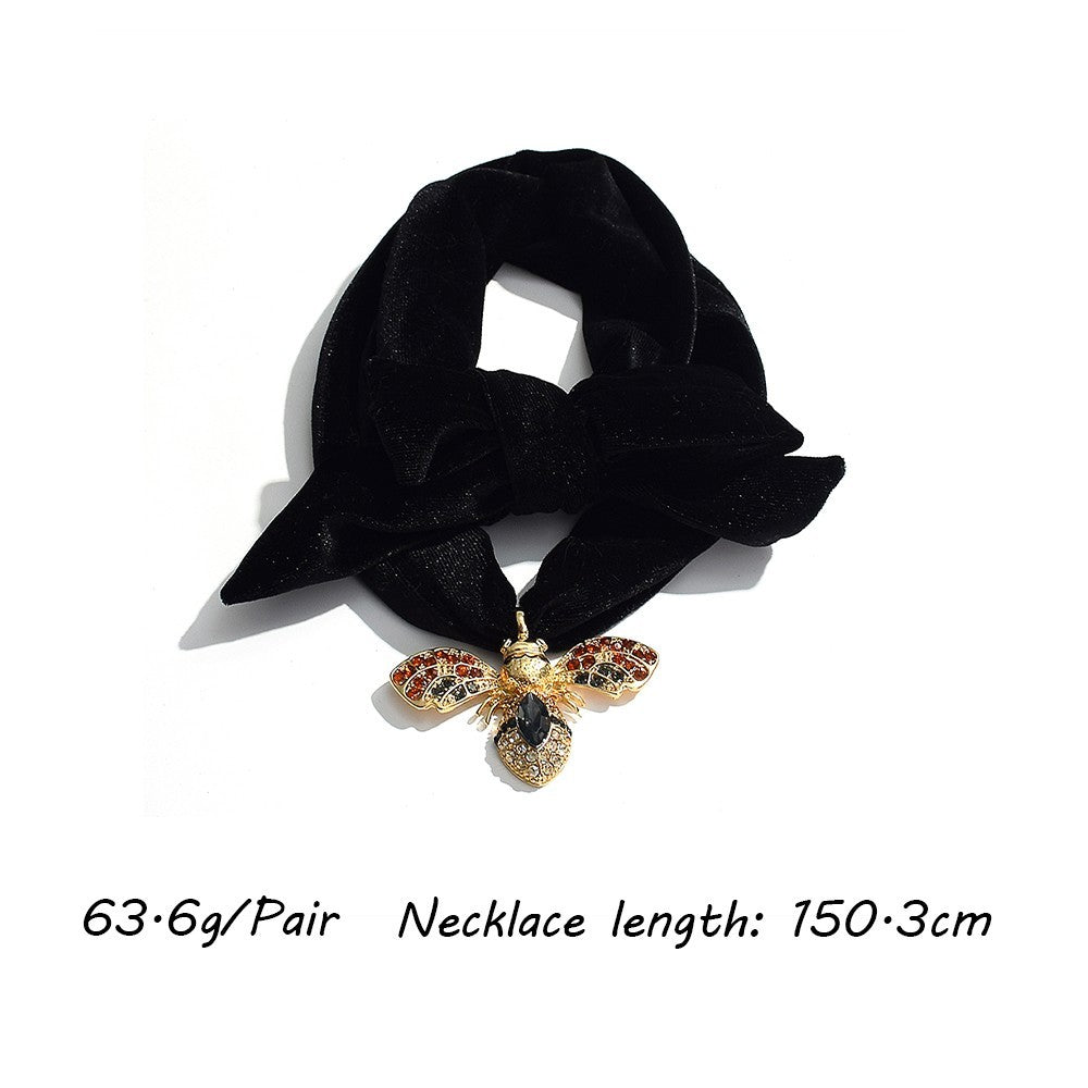 Statement Black Velvet Choker Necklace Bumble Bee Pendant Gold Rhinestone Scarf