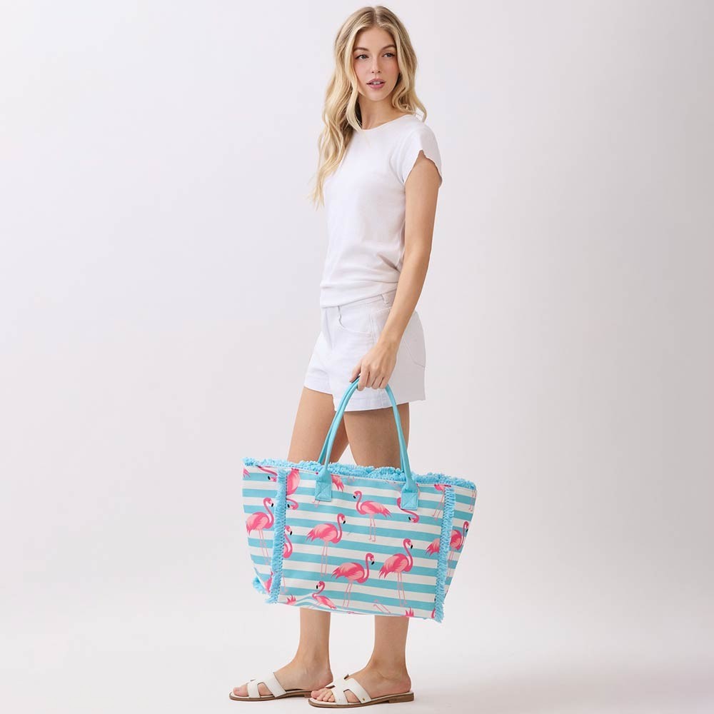 Flamingo Striped Blue White Fringed Large Tote Bag