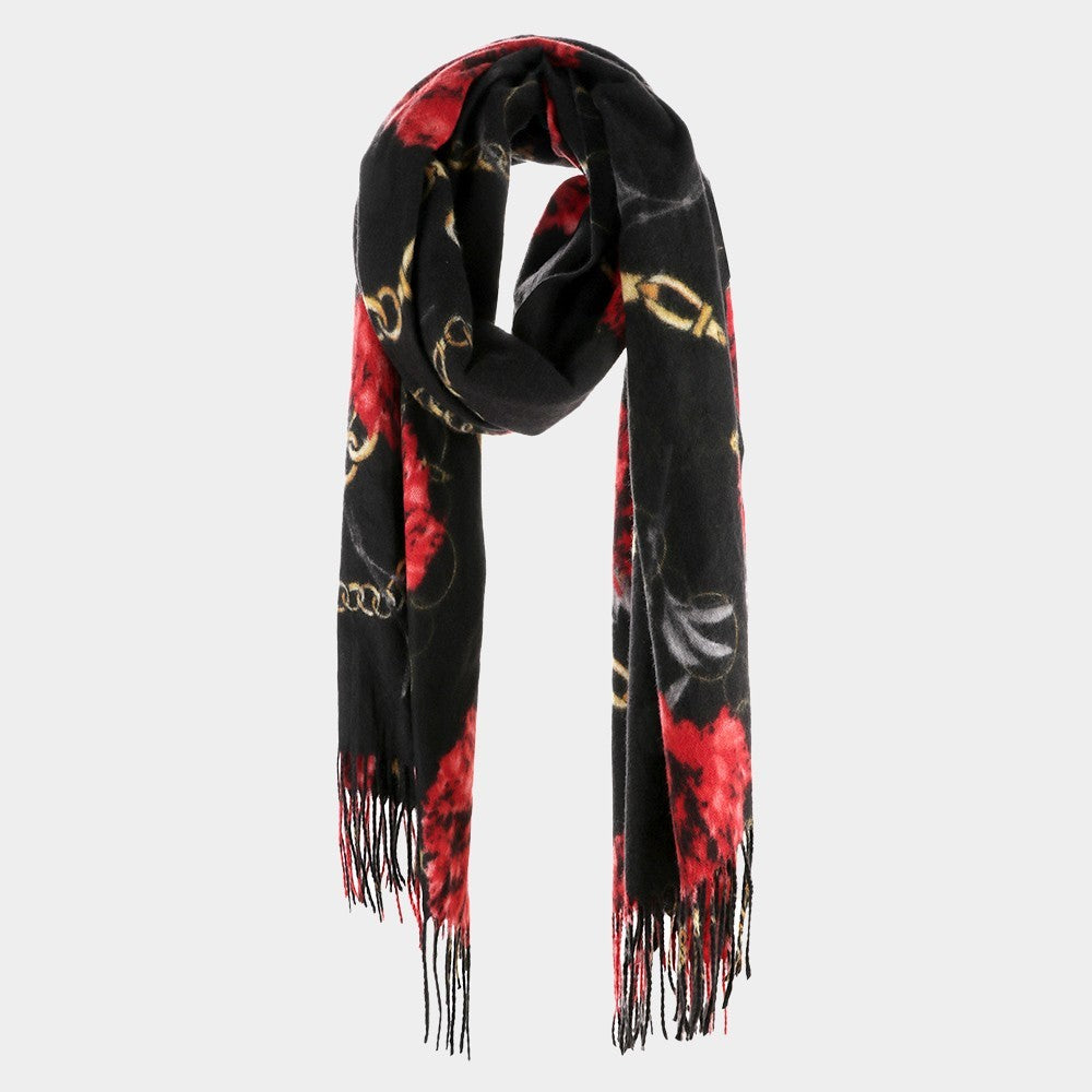 Black Floral Chain Print Scarf Soft Wrap Shawl for Women 100% Acrylic