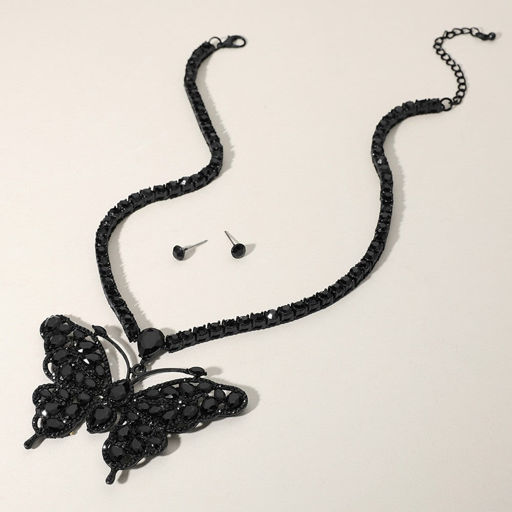 Black Rhinestone Butterfly Pendant Tennis Chain Evening Necklace for Women