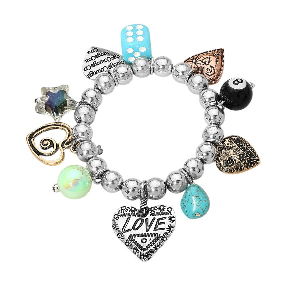Silver Beaded Eclectic Charm Bracelet with Love Heart and 8-Ball Charms