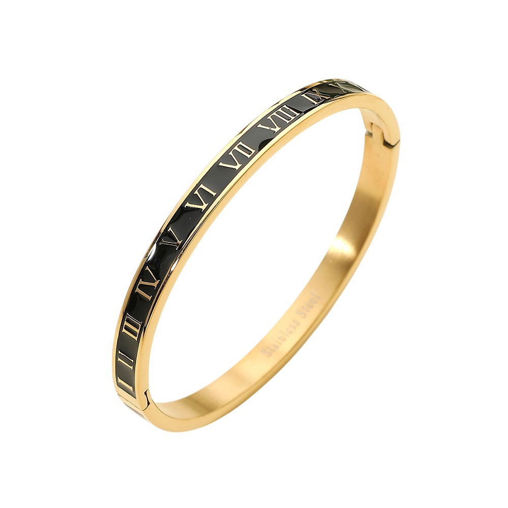 Gold Tone Stainless Black Enamel Inlay Roman Numeral Hinged Bangle Bracelet