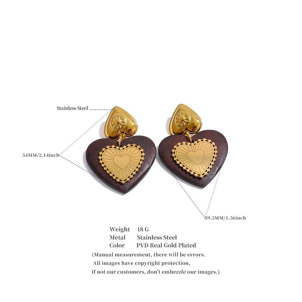 Wood Heart Dangle Earrings 18K Gold Plated Stainless Steel Drop