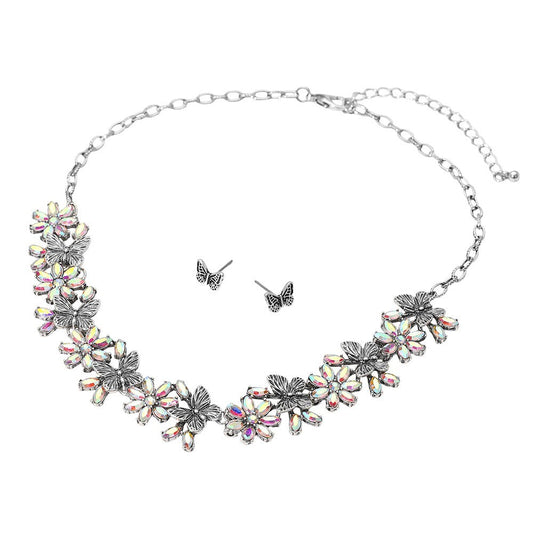 Boho Floral Butterfly Link Necklace & Butterfly Earrings for Women Silver Tone