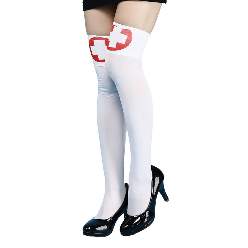 Sexy Nurse Costume Thigh-High Stockings White Red Cross Over Knee Socks