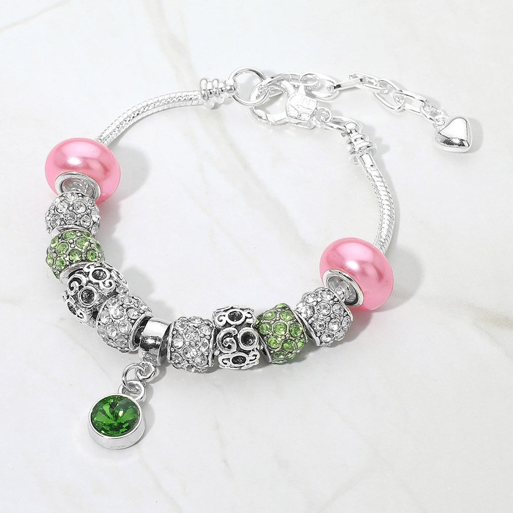 Sparkling Pink & Green Crystal Charm Bracelet Silver Tone Heart Dangle 7" + 2"