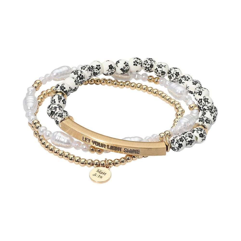 Let Your Light Shine Stackable Bracelet Set Pearl Floral Gold Tone Matt 5:16