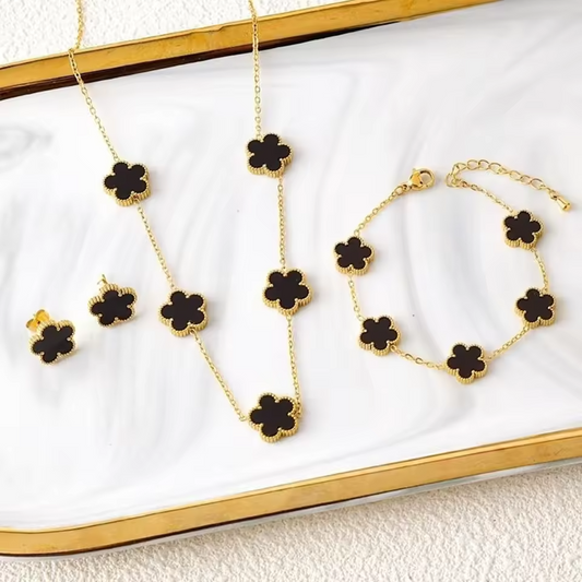 3Pcs 18k Gold-Plated Clover Necklace Earrings Bracelet Jewelry Set For Women