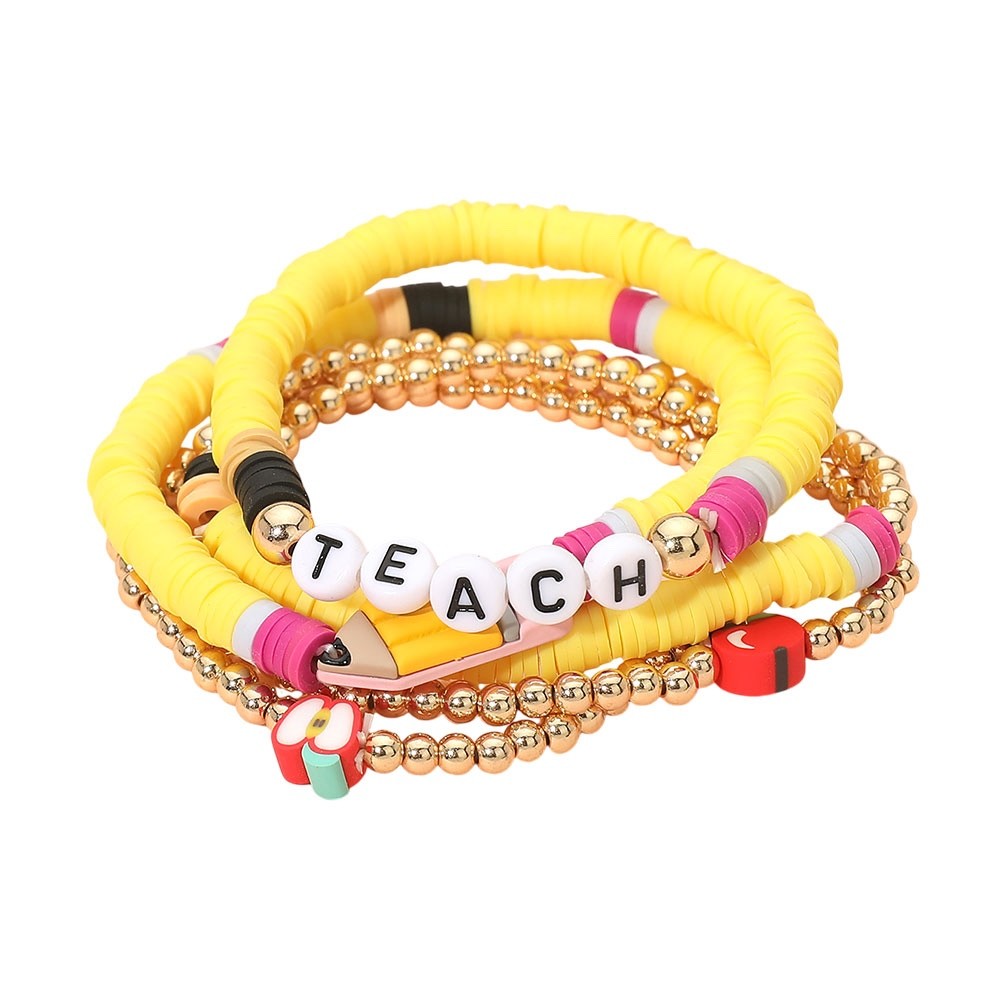Teacher Appreciation 5pc Bracelet Set - Yellow Pencil & Apple Stack Jewelry
