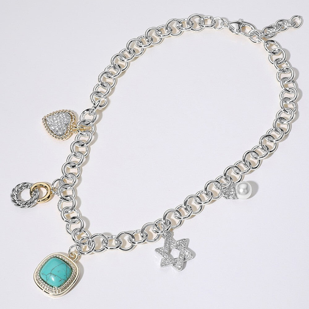 14K Gold Plated CZ Heart Star Pearl Turquoise Charm Cluster Necklace for Women
