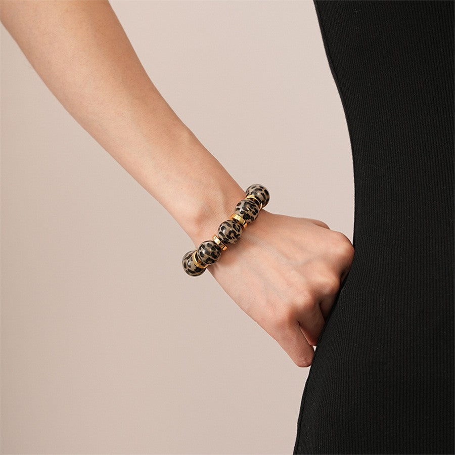 2PC Leopard Print Acrylic Beaded Bracelets Gold Spacers Set Stretch