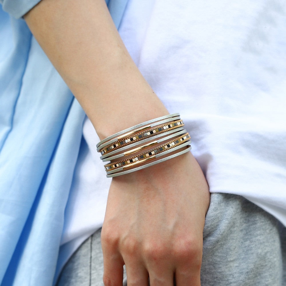 2PC Leopard Print & White Faux Fur Leather Cuff Bracelet Set w/ Magnetic Clasp