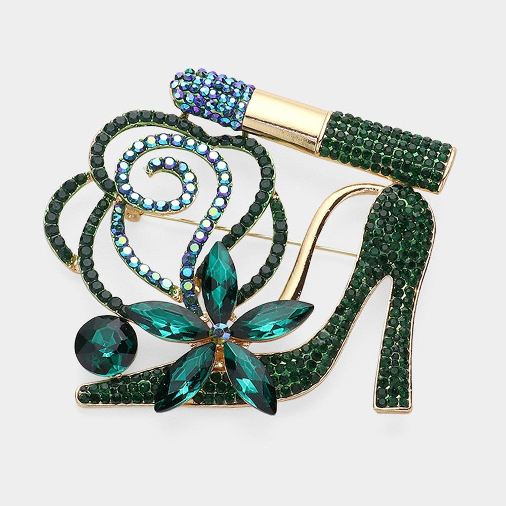 Emerald Green Stiletto and Lipstick Crystal Brooch - Fashion Accessory Pin