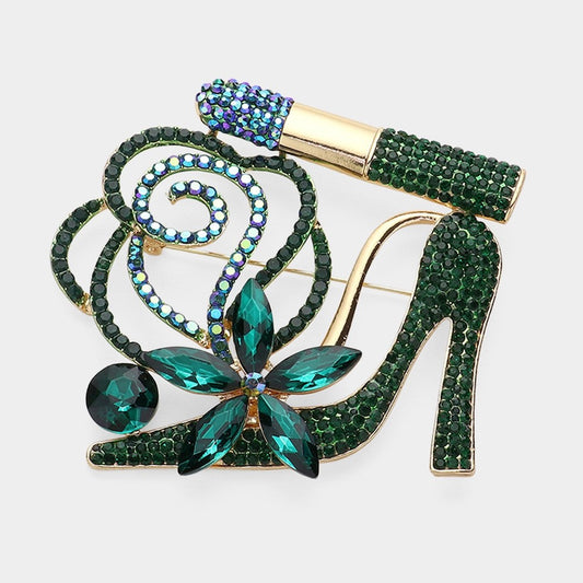 Emerald Green Stiletto and Lipstick Crystal Brooch - Fashion Accessory Pin