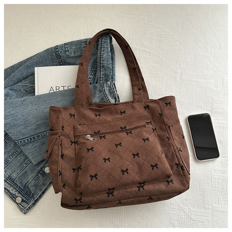 Coquette Corduroy Tote Bag Brown Bow Print Shoulder Purse Large Capacity Multi-P