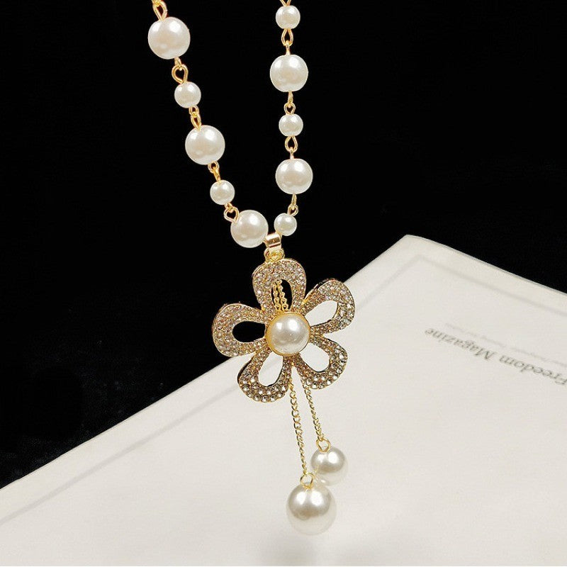 Camellia Flower Pearl Sweater Necklace Long Chain Crystal Pendant Jewelry