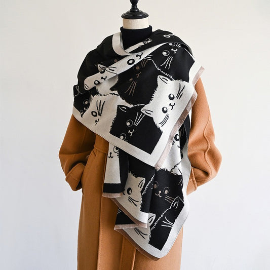Black & White Cat Print Oversized Shawl Scarf Wrap Acrylic Knit Fringed Warm