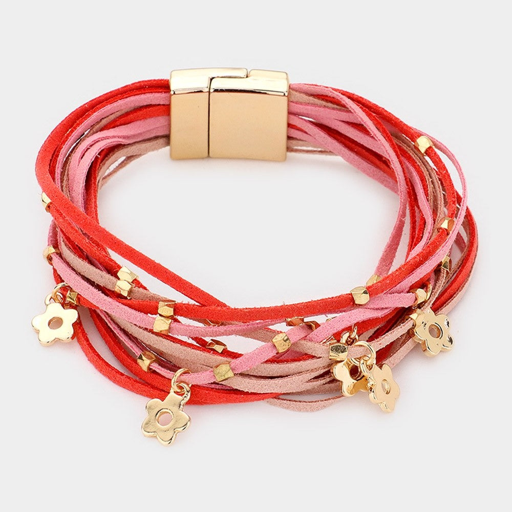 Pink & Red Multi Strand Suede Layered Bracelet with Gold Flower Charms