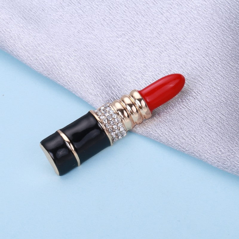 Red Lipstick Brooch Rhinestone Gold Tone Enamel Pin Glamour Gift for Her